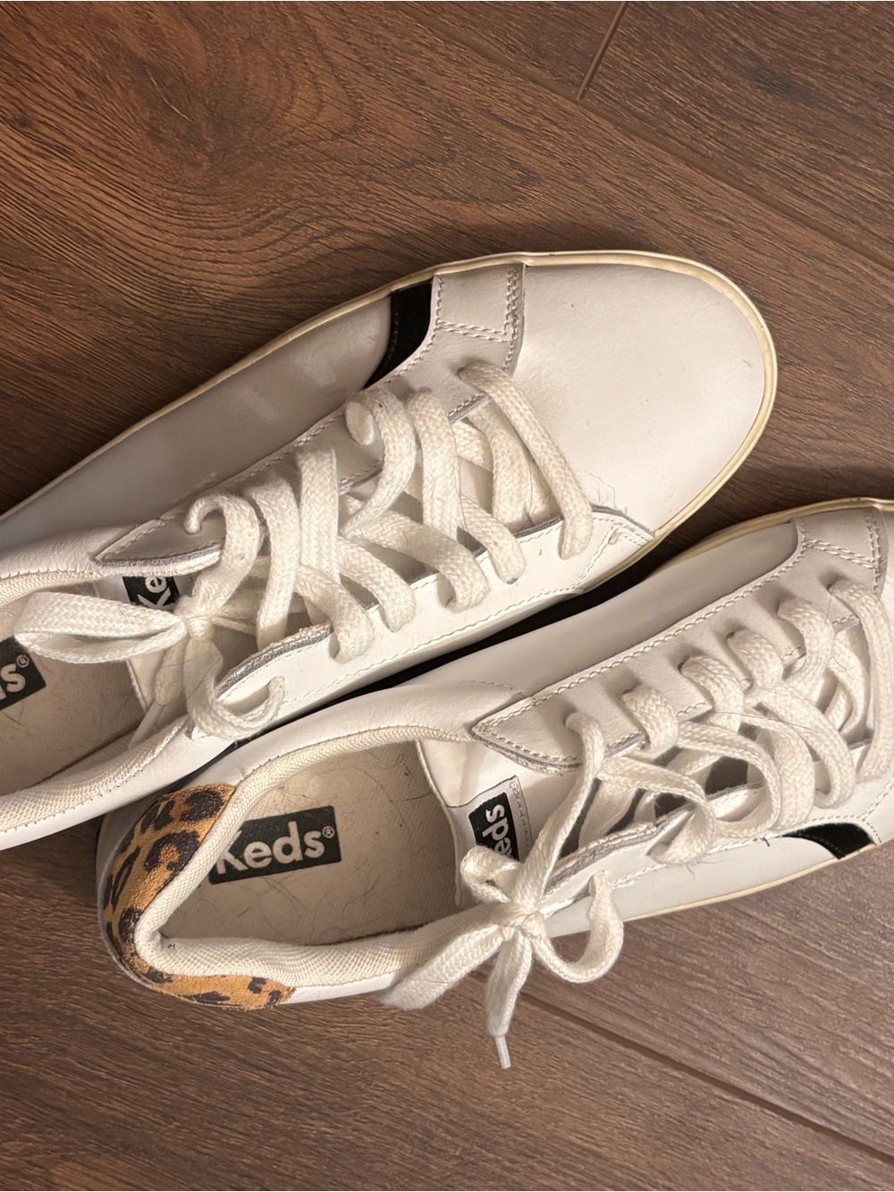 Keds White Leather Sneakers with Leopard Heel Detail